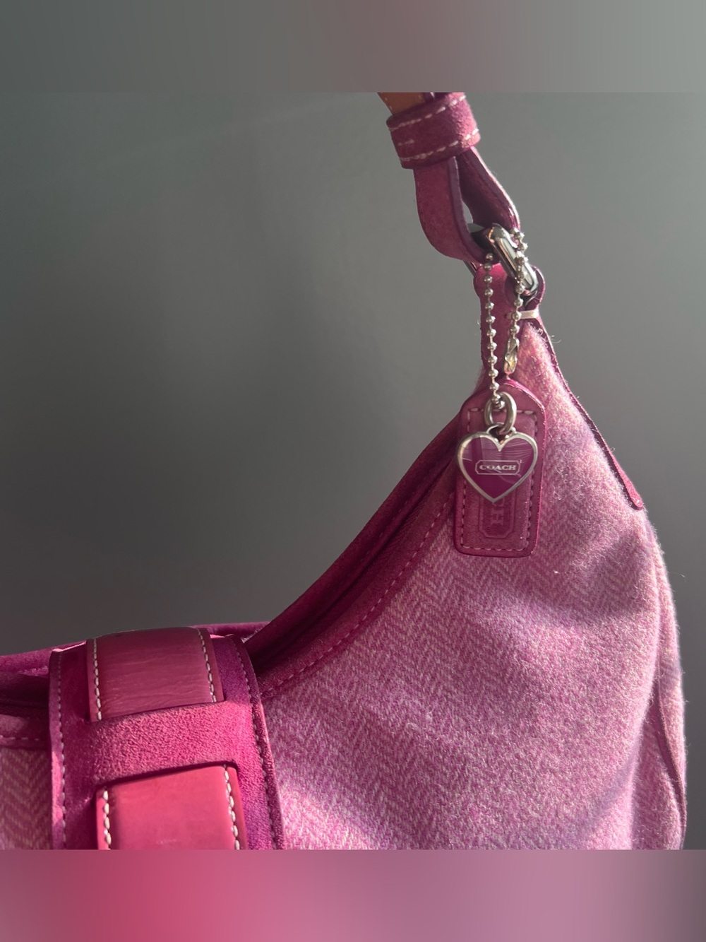Vintage Coach Pink Herringbone Tweed Leather Hobo Handbag - Picture 6 of 9